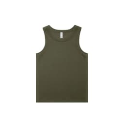 An olive green organic rib tank top featuring a simple design and a logo on the label.