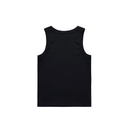 A black organic rib tank top with a simple design and no visible embellishments, featuring a logo on the back.
