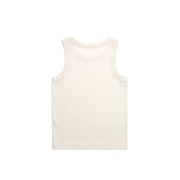 A plain cream organic rib tank top with a sleeveless design and a simple back. It features a small logo.