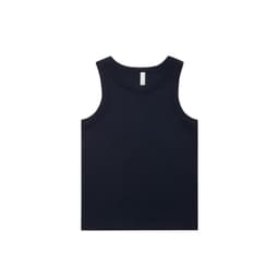 A navy organic rib tank top with a round neckline and no sleeves, featuring a logo tag.