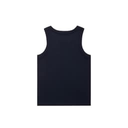 A navy rib tank top with a scoop neckline and wider straps. Features a logo.