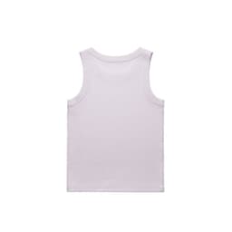 A plain white rib tank top with a sleeveless design and a tagless back. Features a logo on the label.