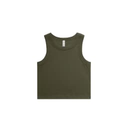 An olive green ribbed crop tank top with a classic sleeveless design and a branding logo.