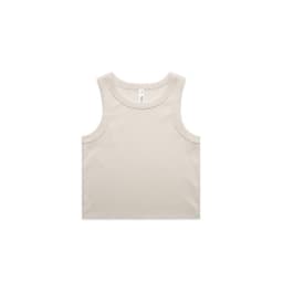 A light beige rib crop tank with a simple design and a logo on the label.
