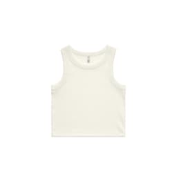 A ribbed crop tank in a light cream colour, featuring wide armholes and a minimal design with a logo.