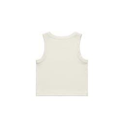 A plain white organic rib crop tank with a sleeveless design and a logo. Back view depicted.