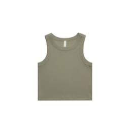 A green rib crop tank top with a solid design and wide straps, featuring a brand logo.