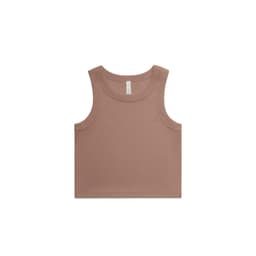 A brown organic rib crop tank featuring a sleeveless design and a simple logo.