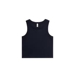 A navy ribbed crop tank top with wide armholes and a straight hem. The tank features a logo on the label.