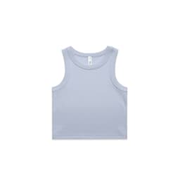 A light blue ribbed crop tank top with wide straps and a simple design. It has a logo on the label.