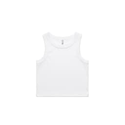 A plain white rib crop tank top with a classic singlet style and a branding logo.