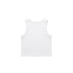 A white organic rib crop tank with a simple design and a logo on the back.