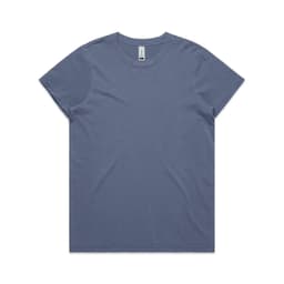 A faded blue T-shirt featuring a round neckline and short sleeves. It has a branding logo.