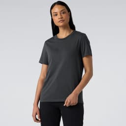 A women's dark grey t-shirt with a classic fit and a logo on the front, displayed against a light background.