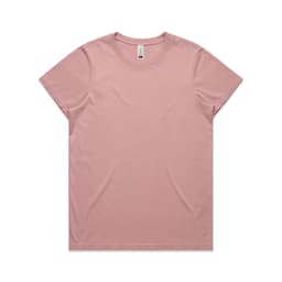 A pink T-shirt with a relaxed fit and a round neckline, featuring a subtle branding logo.