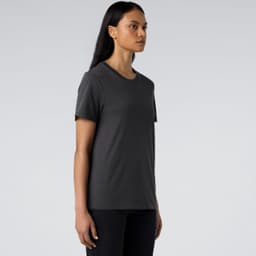 A faded grey t-shirt with a crew neckline and short sleeves, featuring a logo.