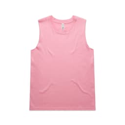 A pink sleeveless tank top with a round neckline, featuring a logo.