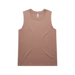 A sleeveless tank top in a soft beige colour, featuring a logo.