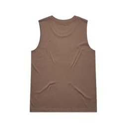 A brown sleeveless tank top with a plain back, featuring a logo at the neckline.