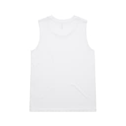 A white singlet tank top with a smooth, plain design and a subtle branding logo on the back.