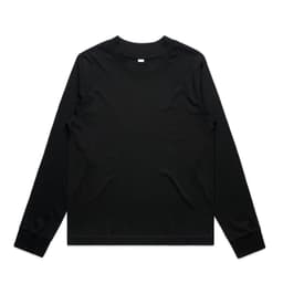A black long-sleeve t-shirt with a round neckline and fitted cuffs. It features a logo on the front.
