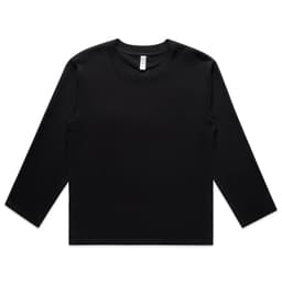 A black long-sleeve t-shirt featuring a round neckline and a minimalist design with a logo.