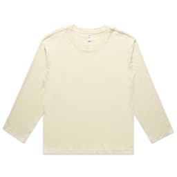 A cream long-sleeve T-shirt featuring a simple design and a branding logo on the garment.