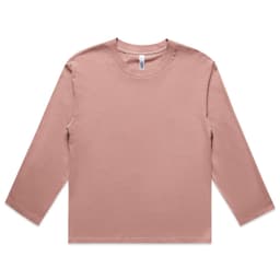 A long-sleeve t-shirt in a soft pink colour, featuring a simple design and a small logo.
