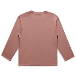 A long-sleeved tee in a muted pink colour, featuring a simple design and a logo on the back.