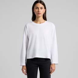 A white long-sleeve t-shirt with a relaxed fit, featuring a simple design and a logo.