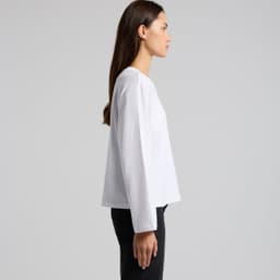 A white long-sleeve T-shirt displayed from the side, featuring a simple design and a branding logo.