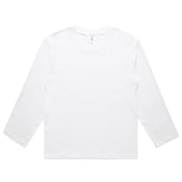 A white long-sleeve t-shirt with a crew neckline and a label inside, featuring a logo on the side.
