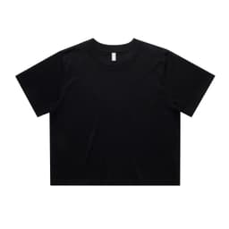 A black cropped t-shirt with a loose fit, featuring short sleeves and minimal design. It has a logo on the label.