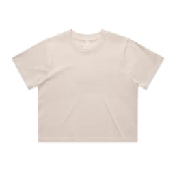 A cream-coloured cropped t-shirt with a loose fit and short sleeves, featuring a logo.