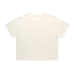 A classic crop tee in a light cream colour, featuring a simple design and a logo on the label.