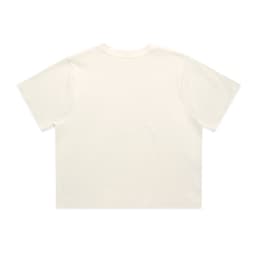 A plain white cropped t-shirt featuring short sleeves and a crew neck, with a logo on the back.