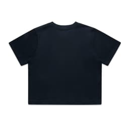 A navy blue classic crop tee with short sleeves and a straight hem, featuring a logo on the back.