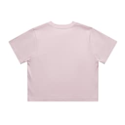 A pale pink cropped t-shirt with short sleeves and a plain back, featuring a logo.