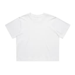 A white cropped t-shirt with a relaxed fit. It features short sleeves and a simple design, including a logo.