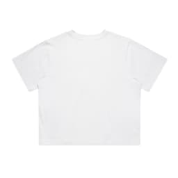 A white classic crop tee featuring a simple design and short sleeves, with a logo on the back.