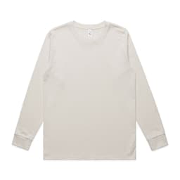 A beige long-sleeve t-shirt with a round neckline and a logo on the label. Features subtle cuffed sleeves.
