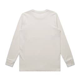 A long-sleeve beige t-shirt featuring a plain back and cuffed sleeves, with a logo present.