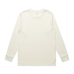 A long-sleeve t-shirt in a light cream colour, featuring a plain design and a logo on the neckline.