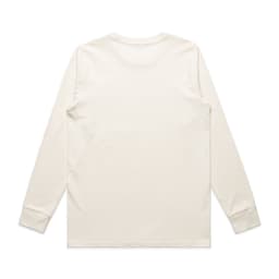 A long-sleeve tee in a light cream colour with a simple design and fitted cuffs. Features a logo on the back.
