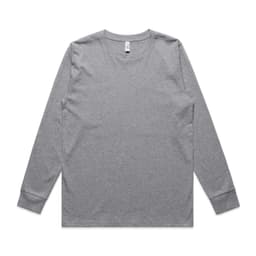 A long-sleeved grey T-shirt with a crew neck and a brand logo on the label.