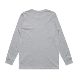 A grey long-sleeve t-shirt featuring a plain back and fitted sleeves, with a logo on the label.