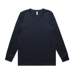 A long sleeve tee in navy blue with a simple design and a tag. It features a logo on the inside.