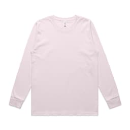 A pale pink long-sleeve t-shirt with a round neck and a logo on the label.
