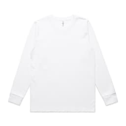 A long-sleeve white T-shirt with a simple design and branding on the tag.