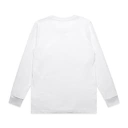 A white long-sleeve T-shirt with a plain back and cuffs, featuring a logo on the front.
